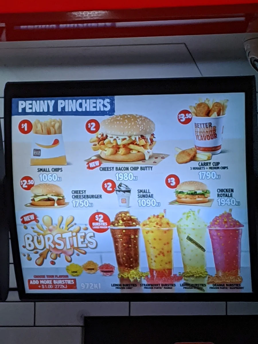 Menu, Hungry Jack's Burgers Macquarie Centre