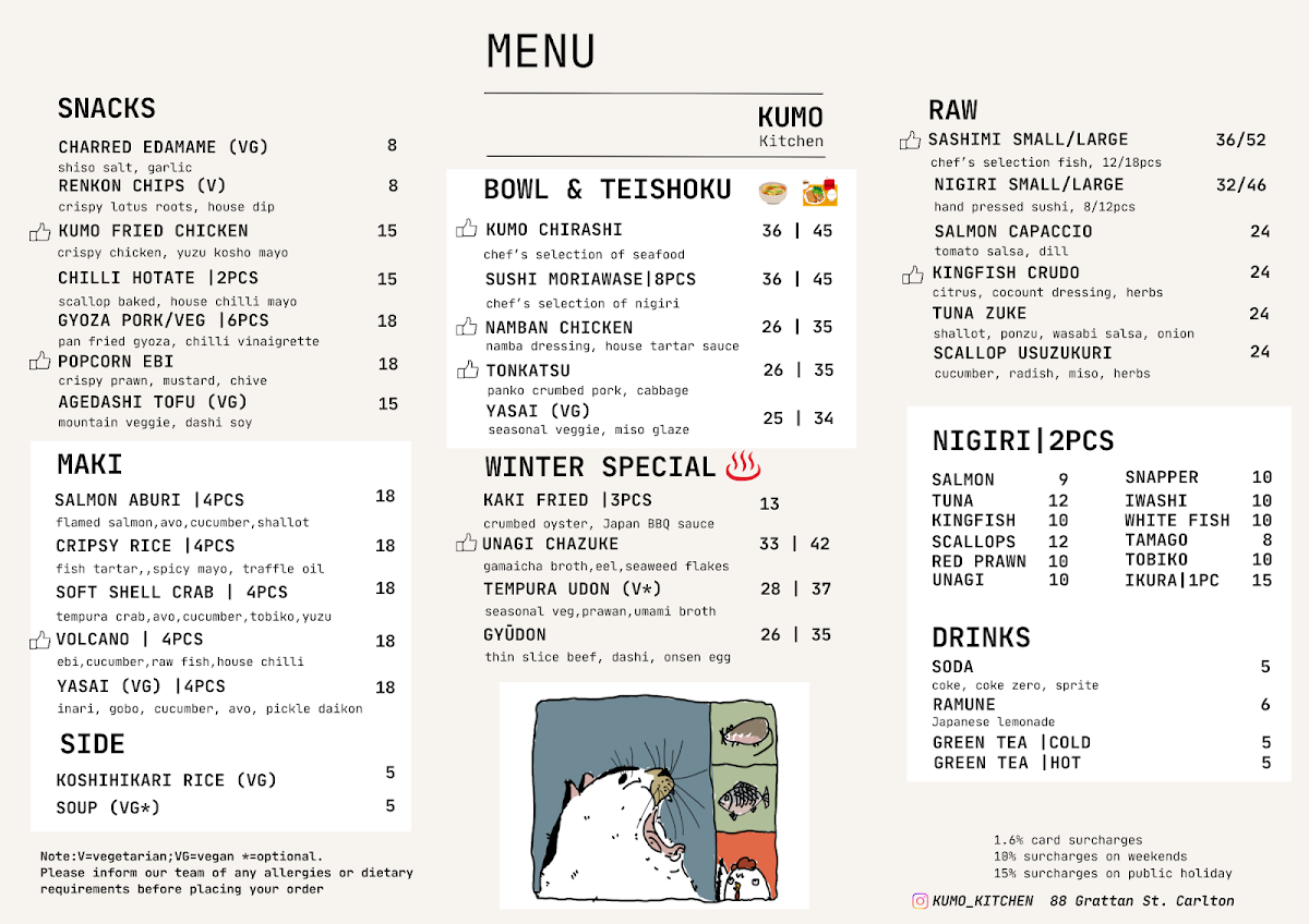 Menu, Kumo Kitchen