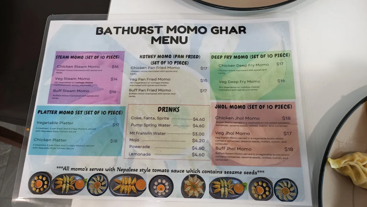 Menu, Bathurst Momo Ghar