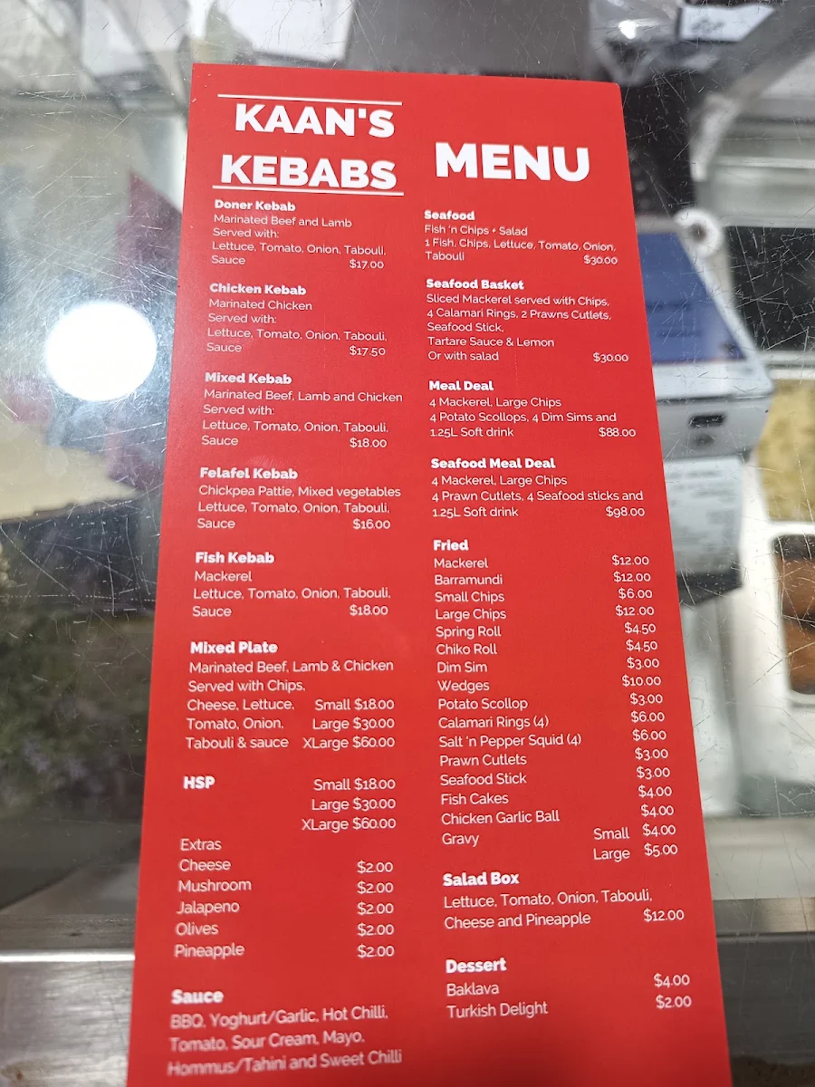 Menu, Kaan's kebabs -fish & chips