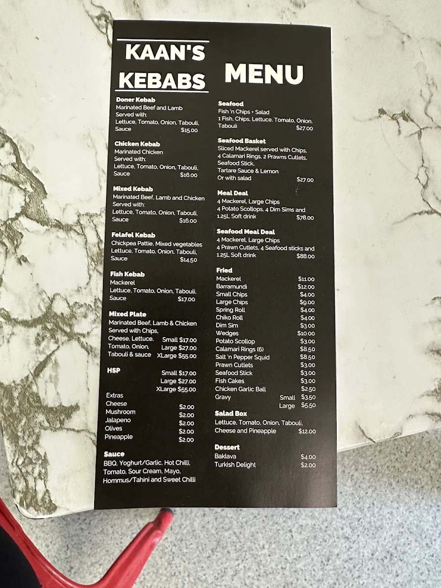 Menu, Kaan's kebabs -fish & chips