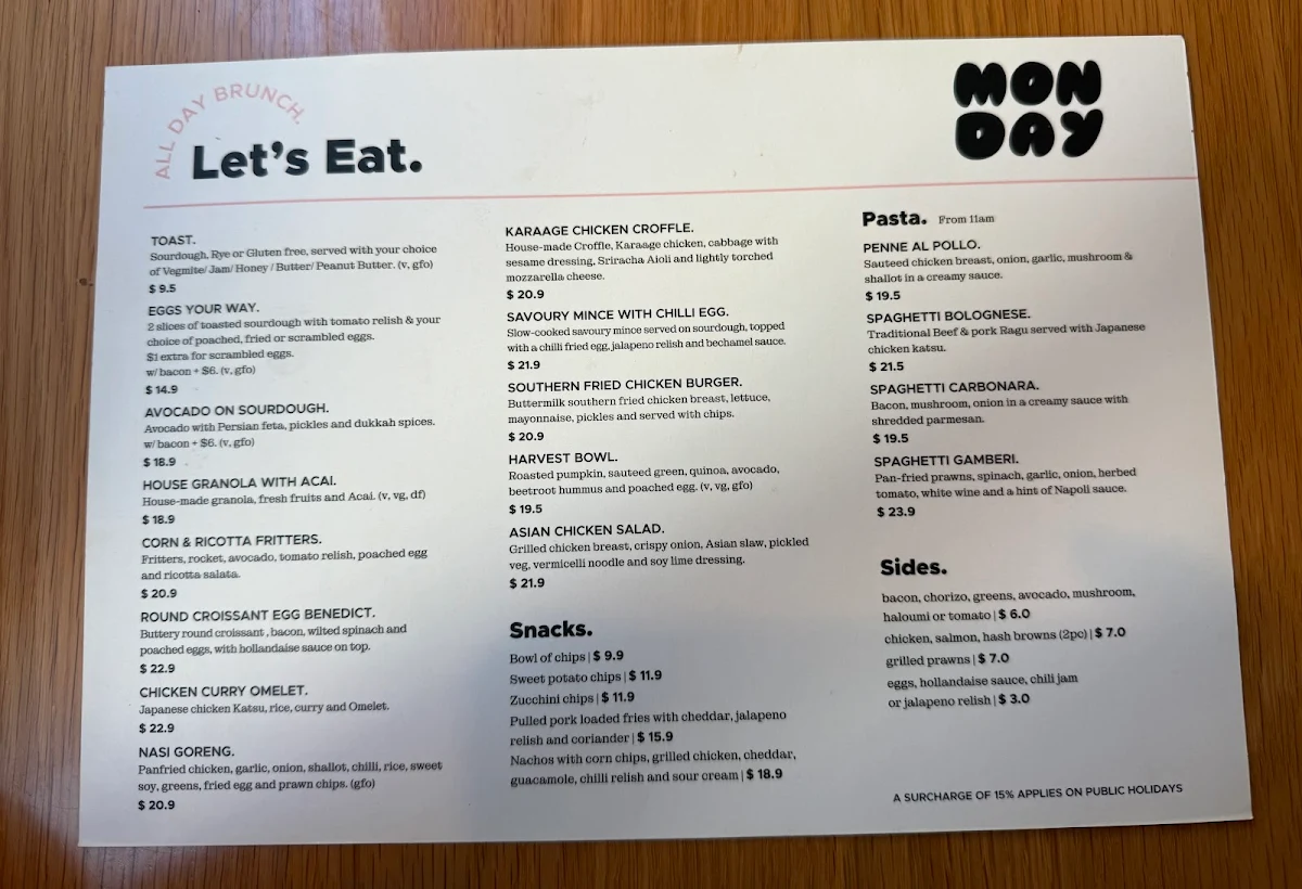 Menu, Monday Cafe