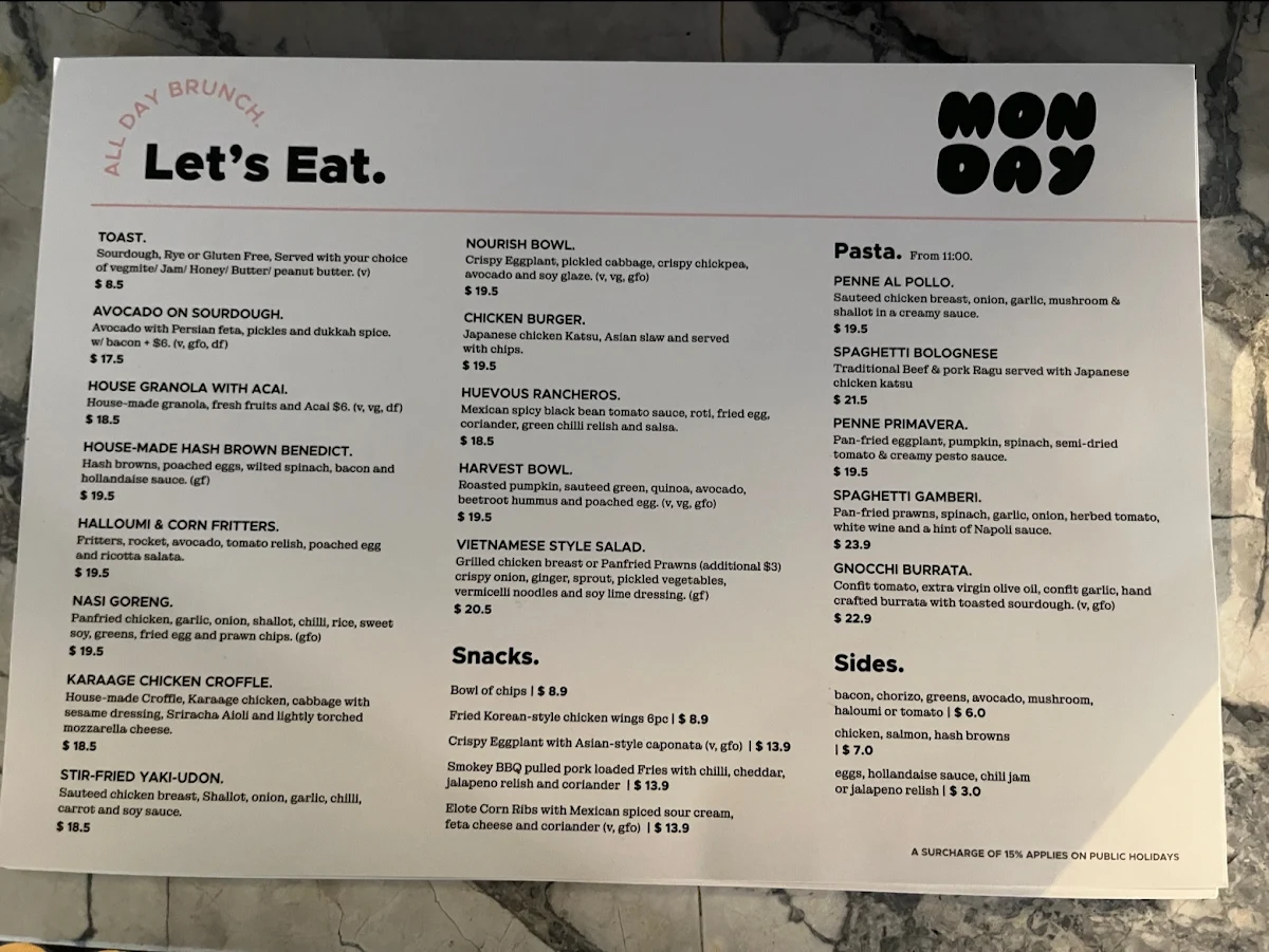 Menu, Monday Cafe