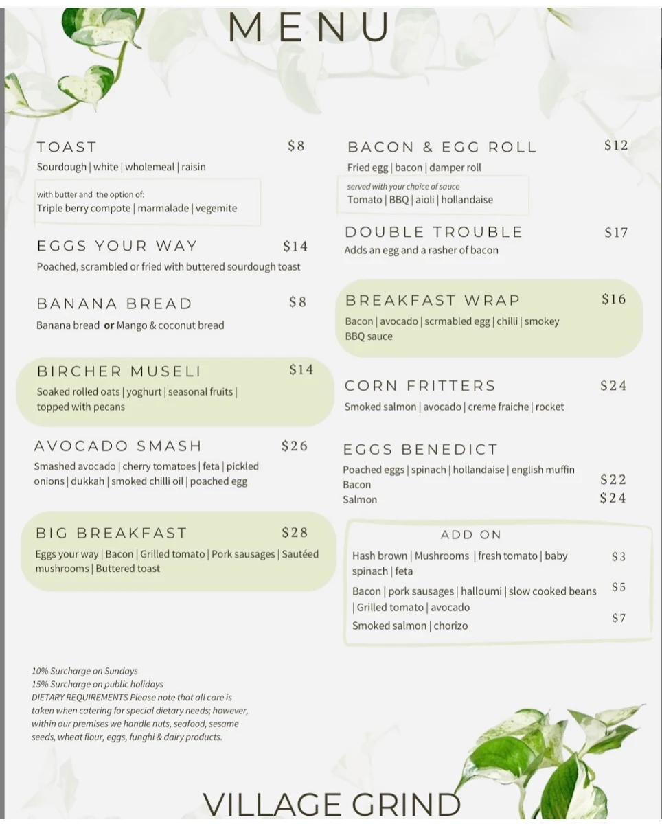 Menu, Village Grind Cafe