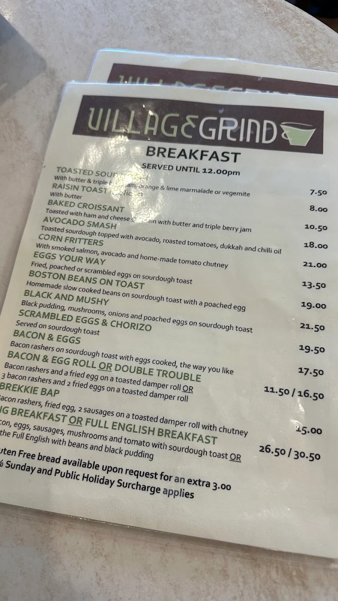 Menu, Village Grind Cafe