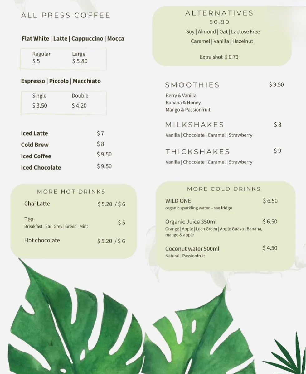 Menu, Village Grind Cafe