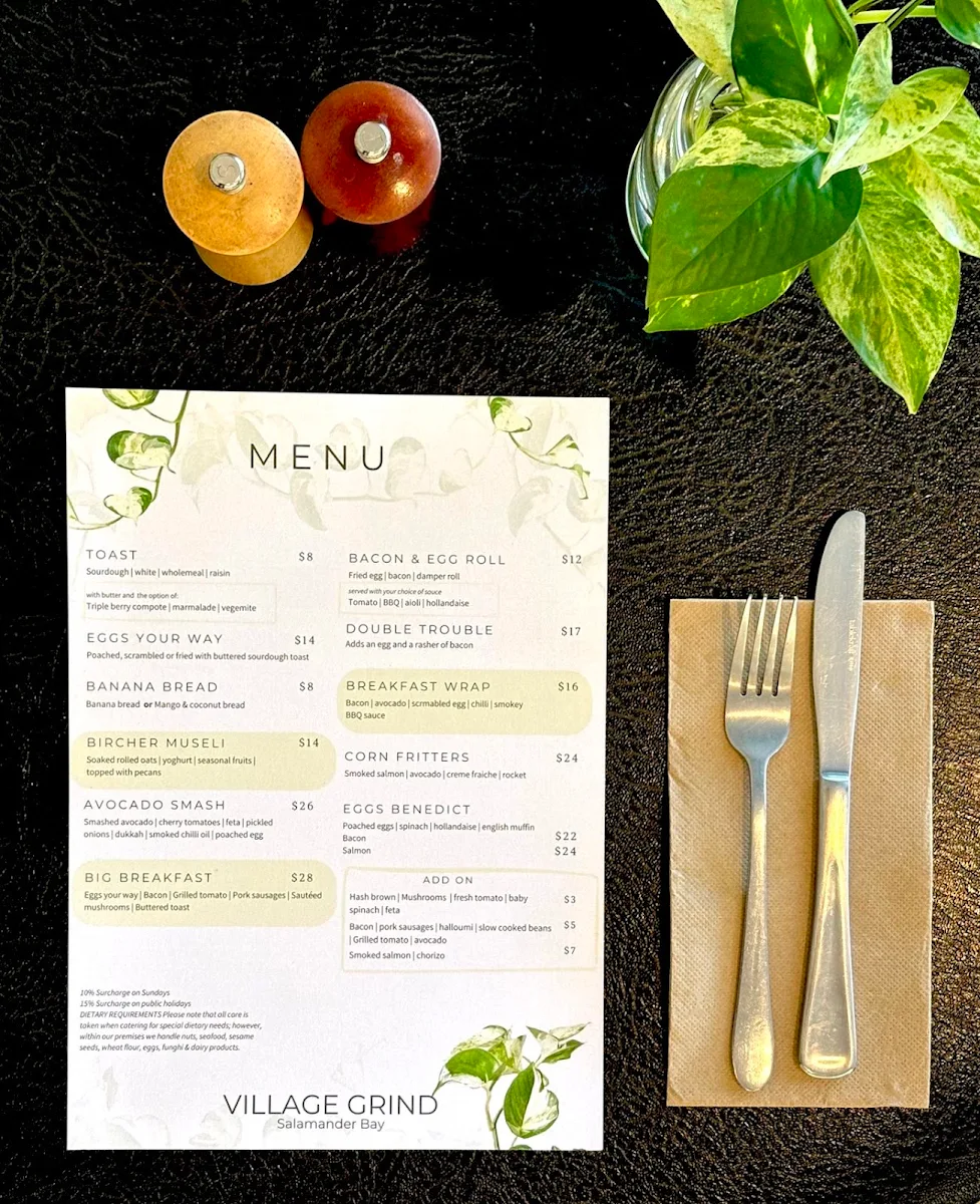 Menu, Village Grind Cafe