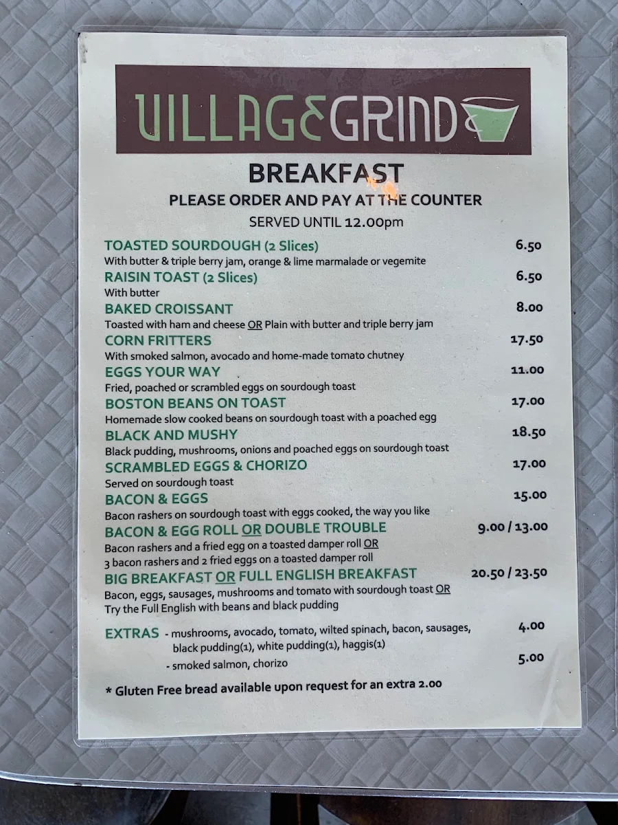 Menu, Village Grind Cafe