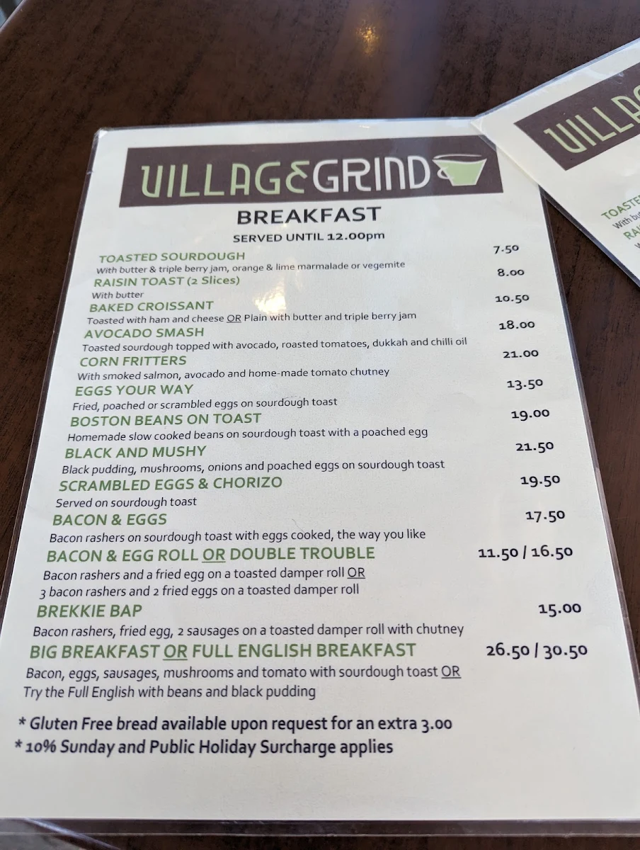 Menu, Village Grind Cafe