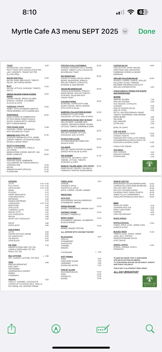 Menu, Myrtle Cafe and Functions