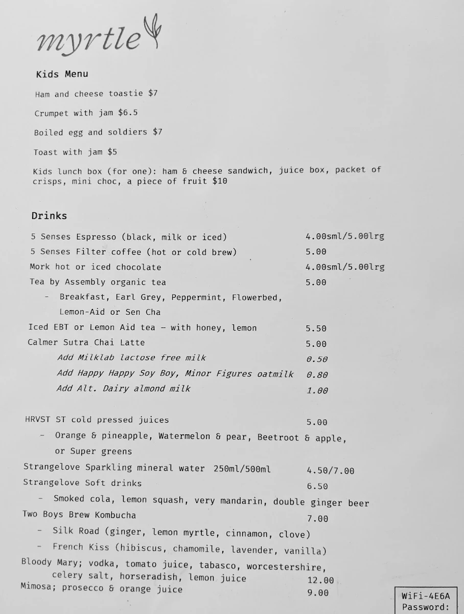 Menu, Myrtle Cafe and Functions
