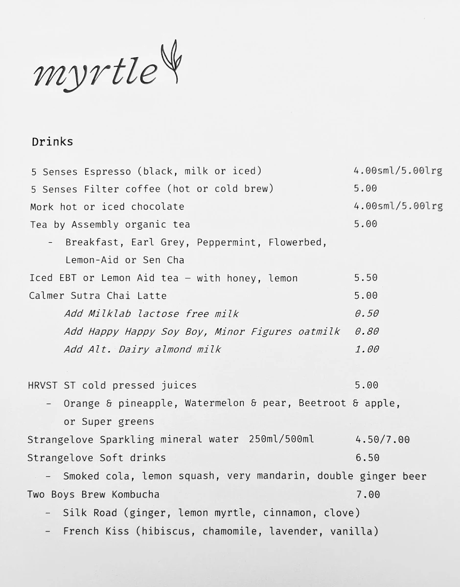 Menu, Myrtle Cafe and Functions