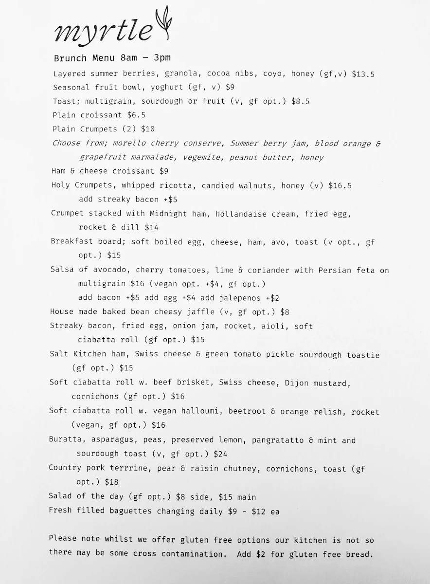 Menu, Myrtle Cafe and Functions
