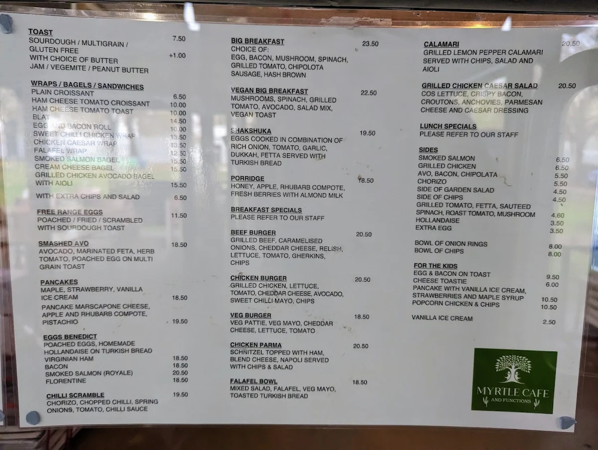 Menu, Myrtle Cafe and Functions