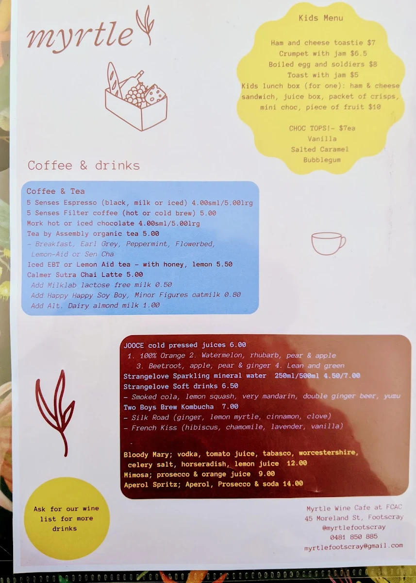 Menu, Myrtle Cafe and Functions