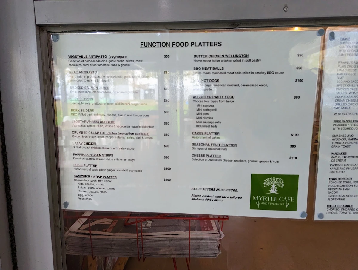 Menu, Myrtle Cafe and Functions