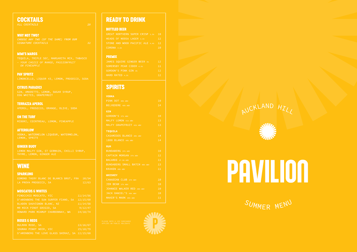 Menu, Pavilion Auckland Hill