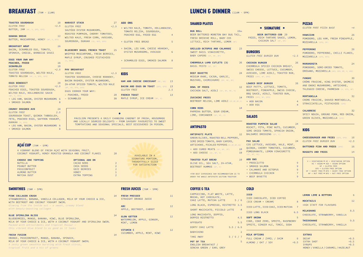 Menu, Pavilion Auckland Hill