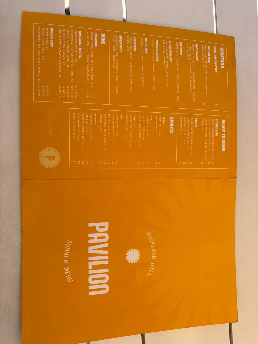 Menu, Pavilion Auckland Hill