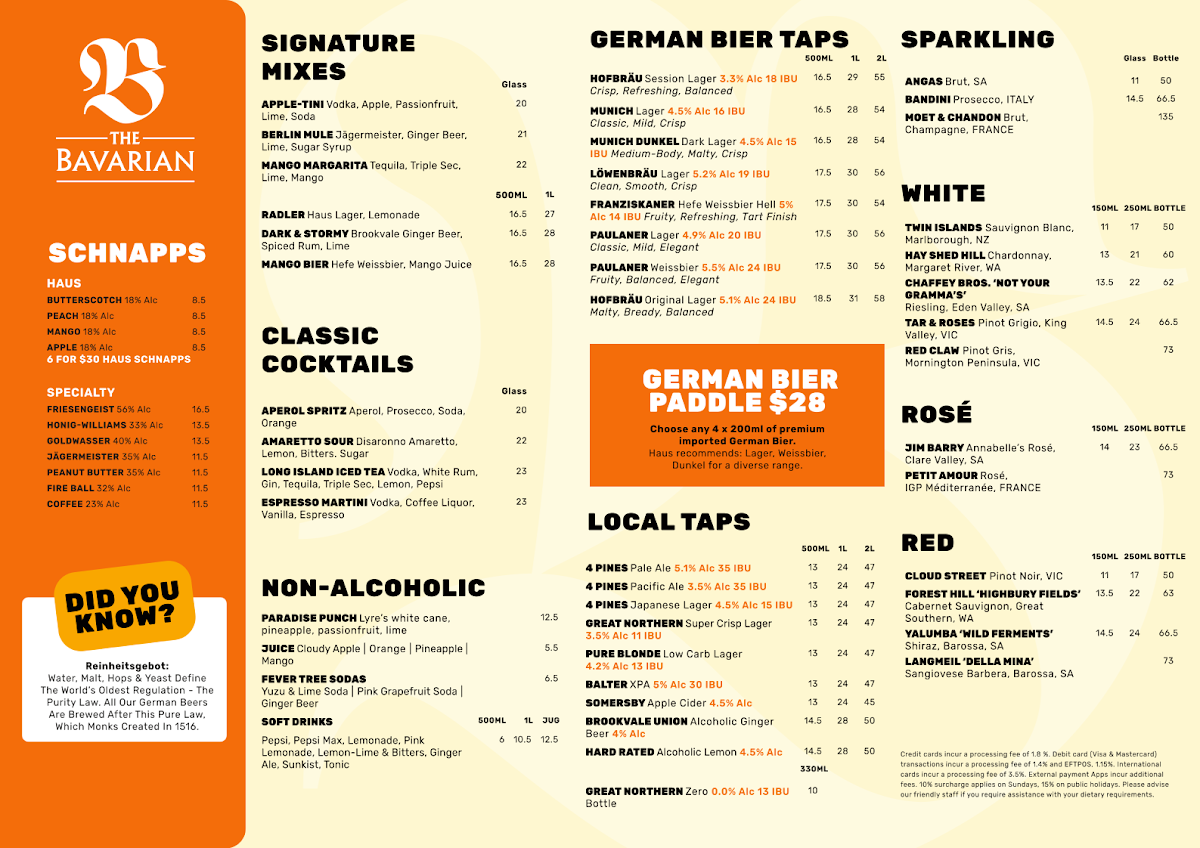 Menu, The Bavarian Tuggerah