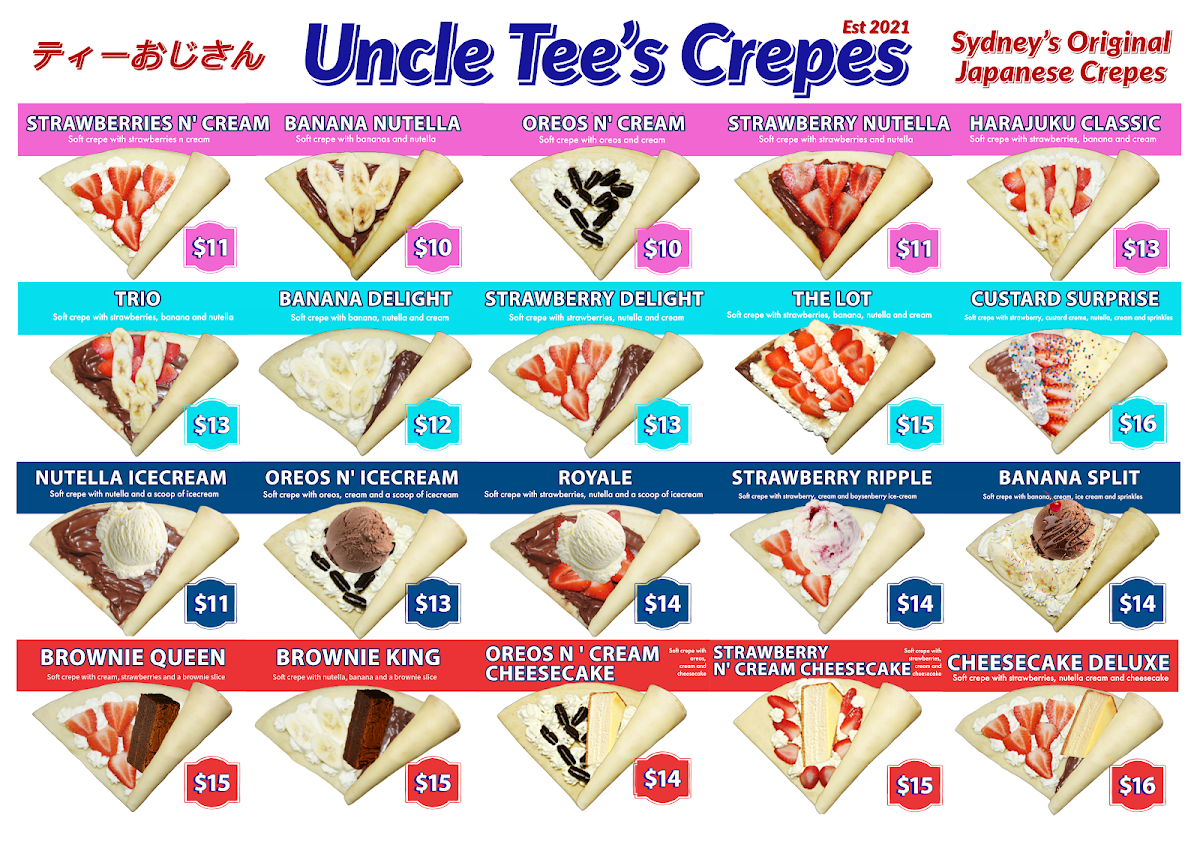Menu, Uncle Tee's Crepes Newtown