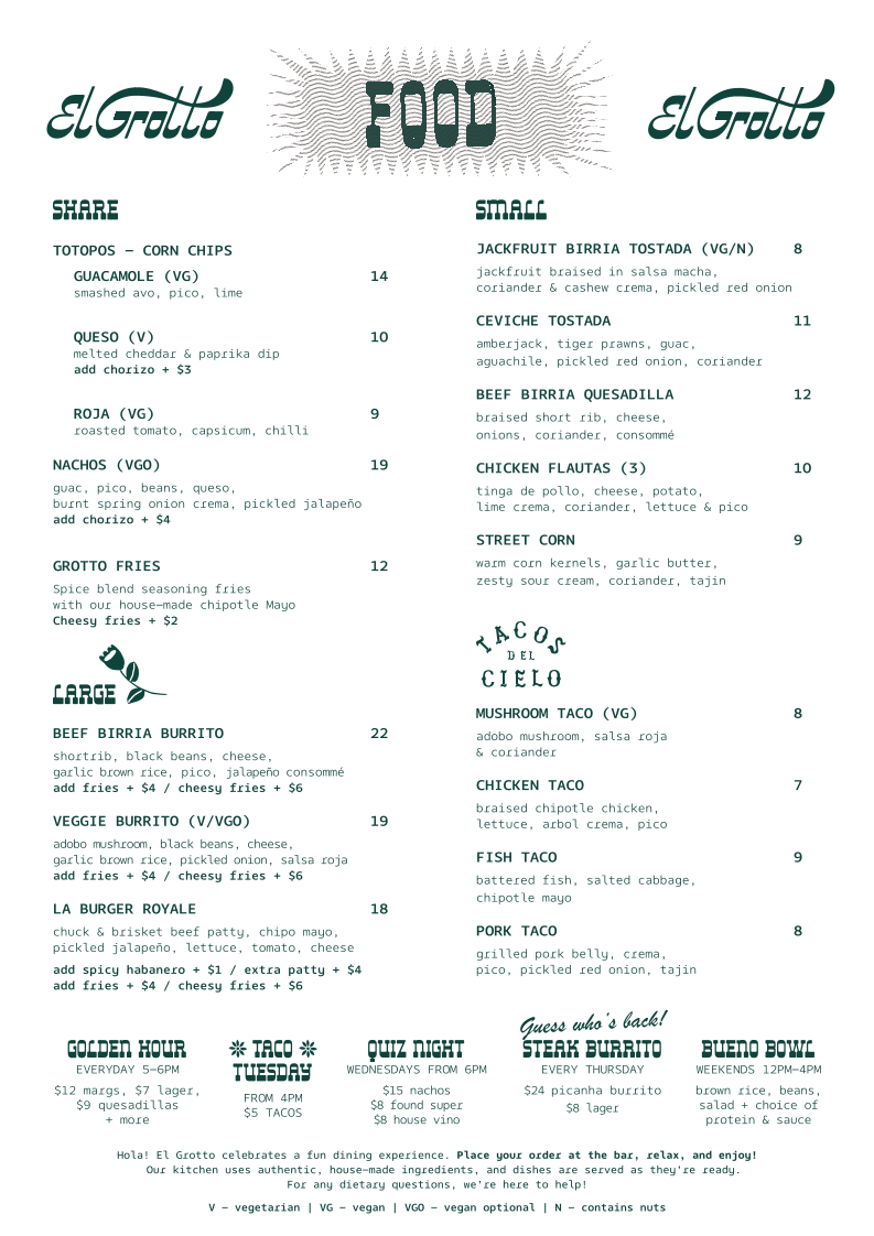 Menu, El Grotto