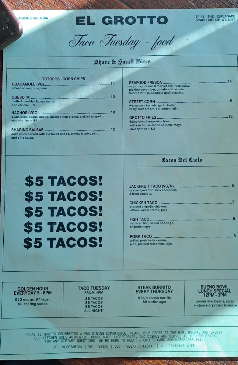 Menu, El Grotto