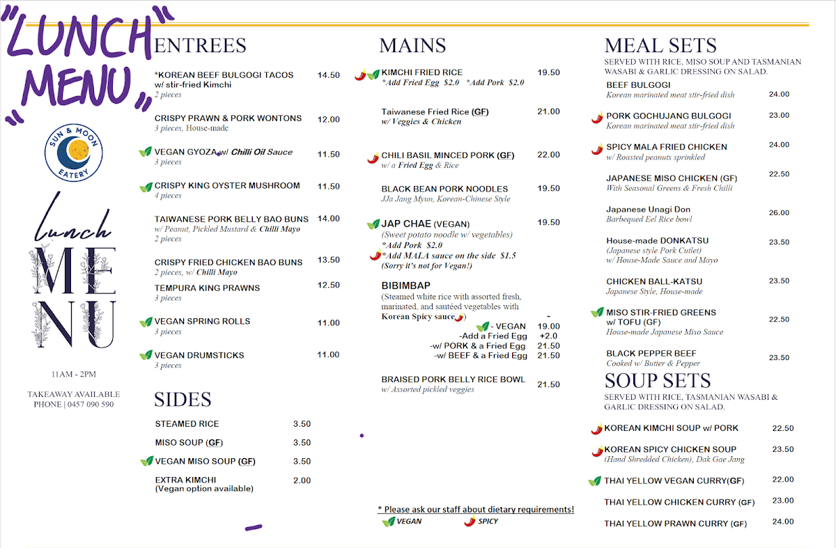 Menu, Sun and Moon Eatery