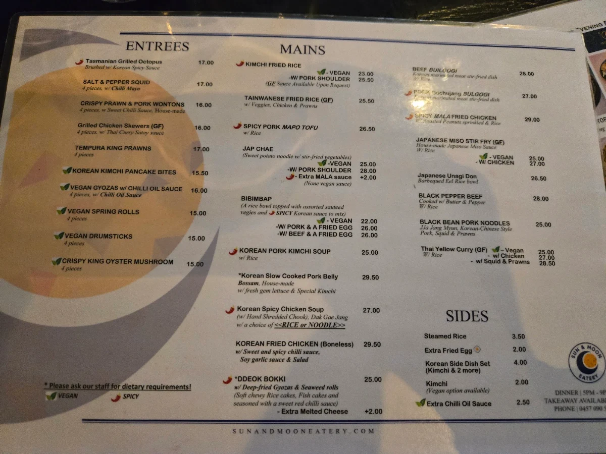 Menu, Sun and Moon Eatery
