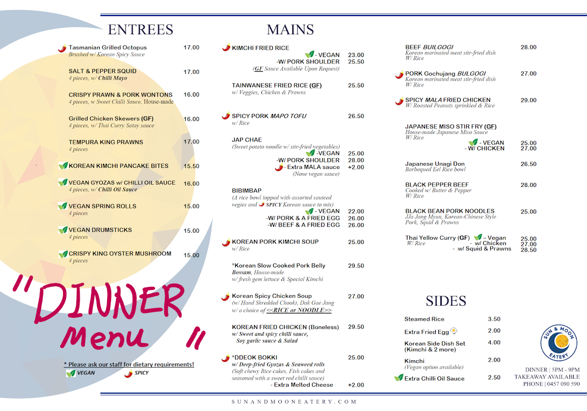Menu, Sun and Moon Eatery