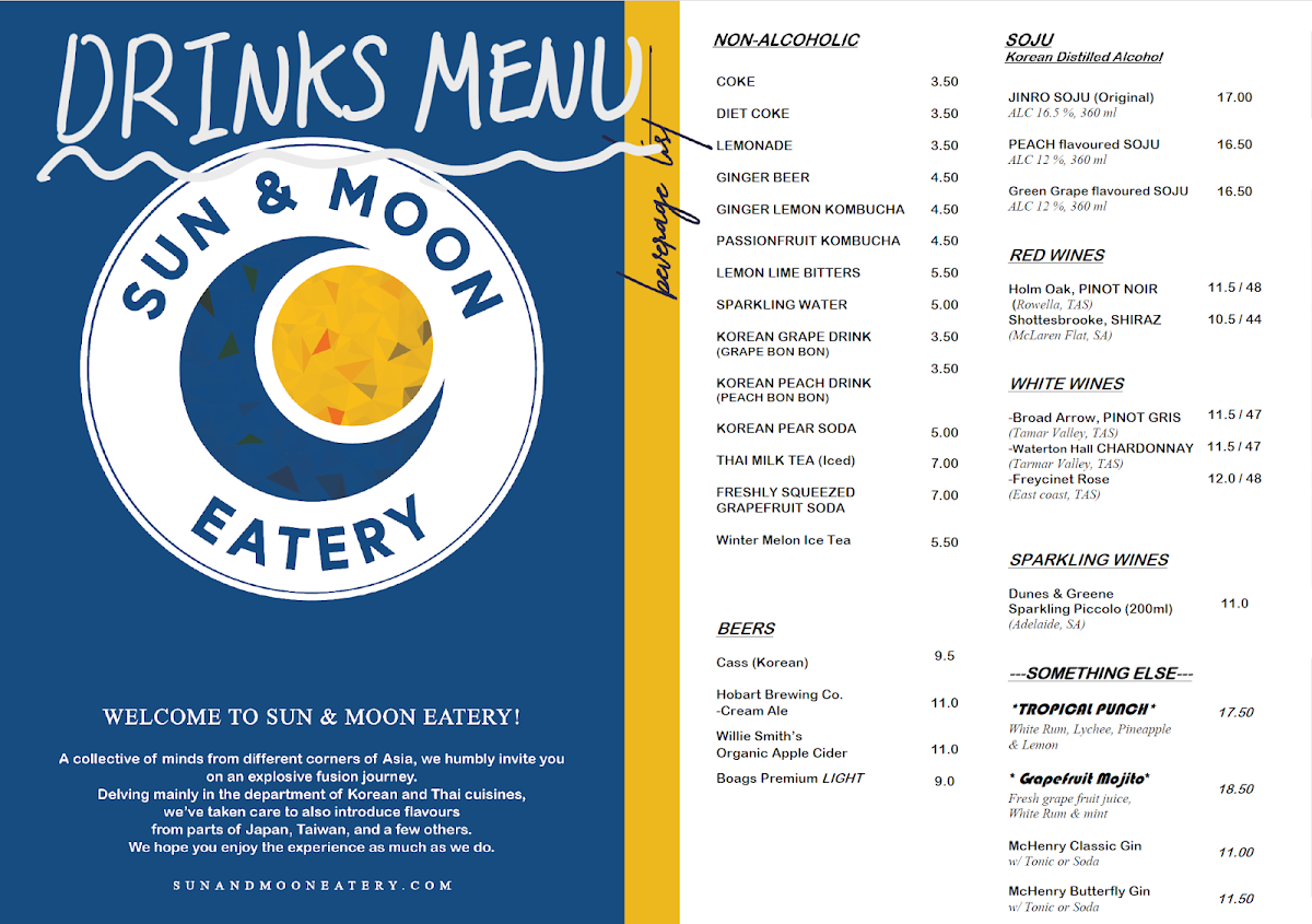 Menu, Sun and Moon Eatery