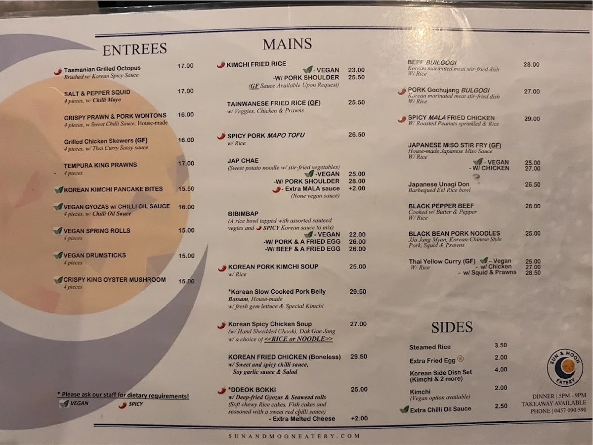 Menu, Sun and Moon Eatery