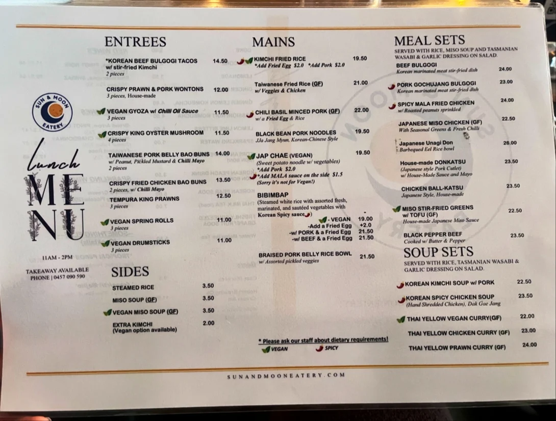 Menu, Sun and Moon Eatery