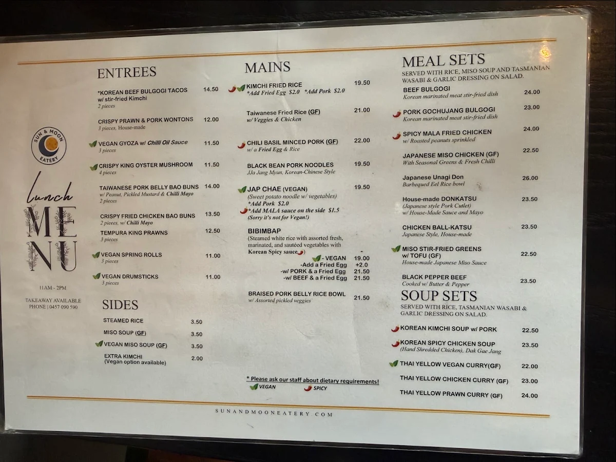 Menu, Sun and Moon Eatery