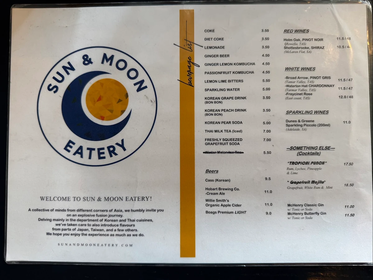 Menu, Sun and Moon Eatery
