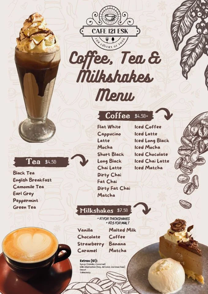 Menu, Cafe 121 Esk