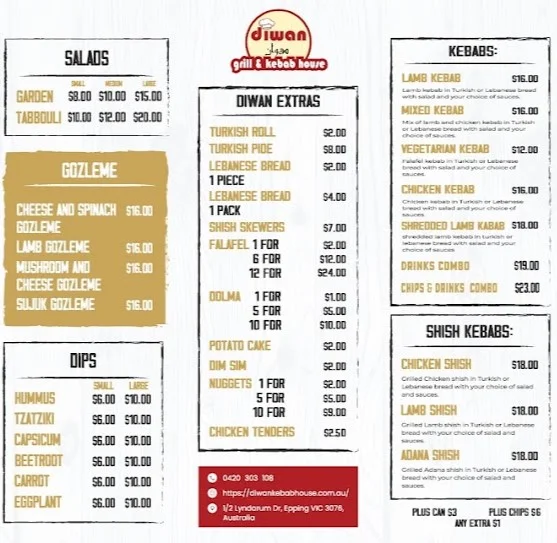 Menu, Diwan Grill & Kebab House