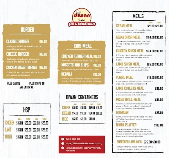 Menu, Diwan Grill & Kebab House