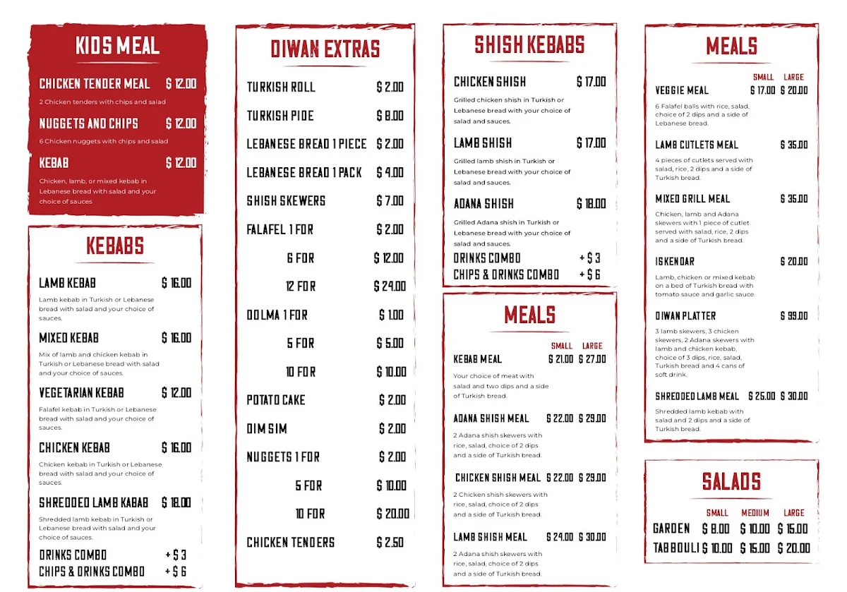 Menu, Diwan Grill & Kebab House