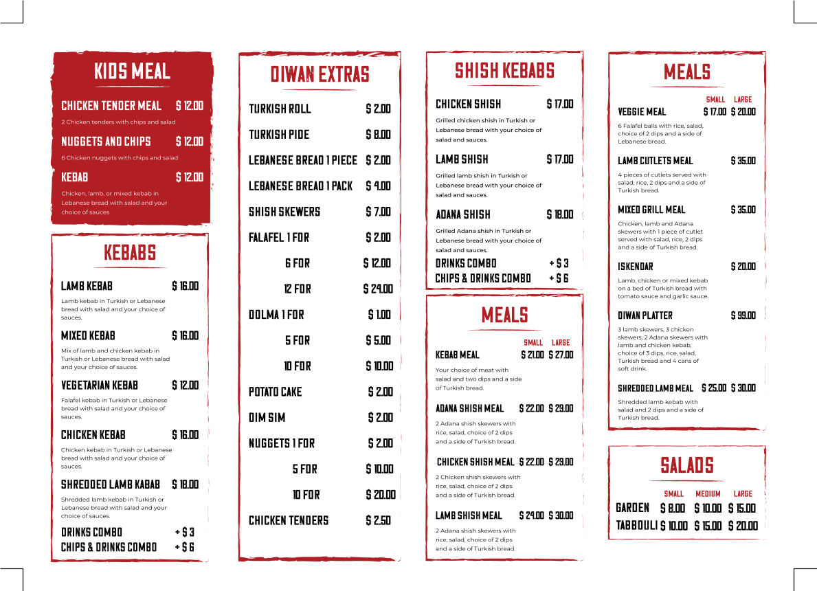 Menu, Diwan Grill & Kebab House