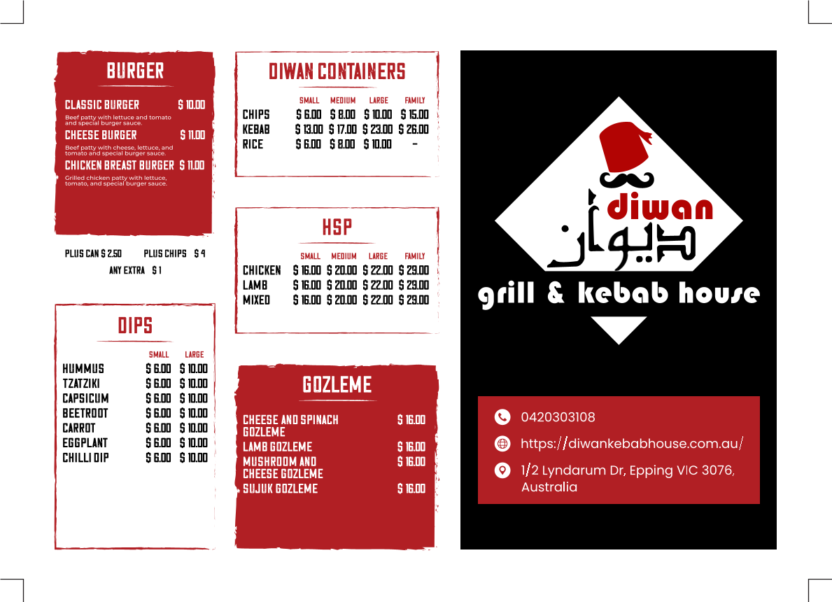 Menu, Diwan Grill & Kebab House