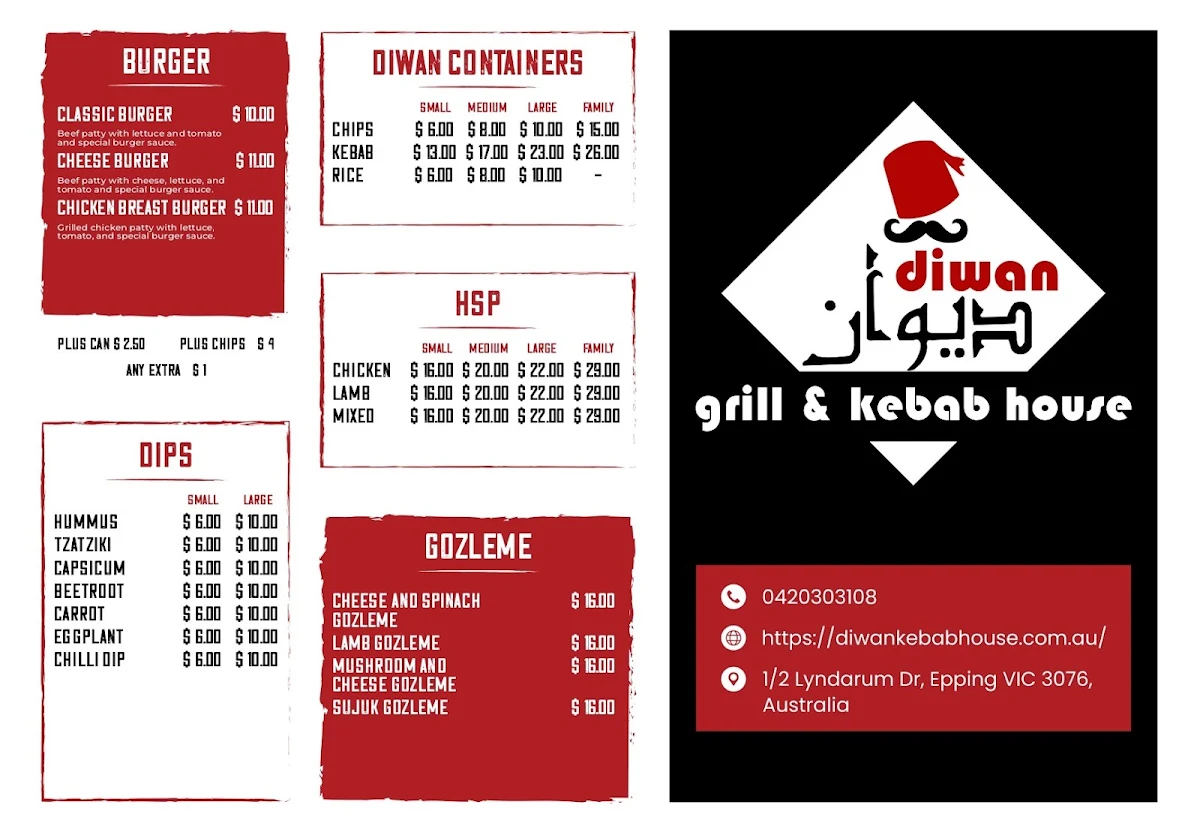 Menu, Diwan Grill & Kebab House