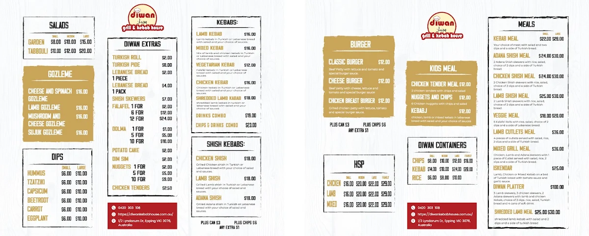 Menu, Diwan Grill & Kebab House