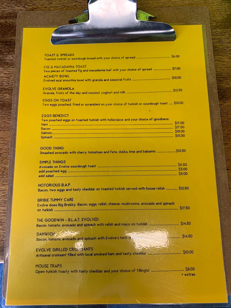 Menu, Evolve Espresso