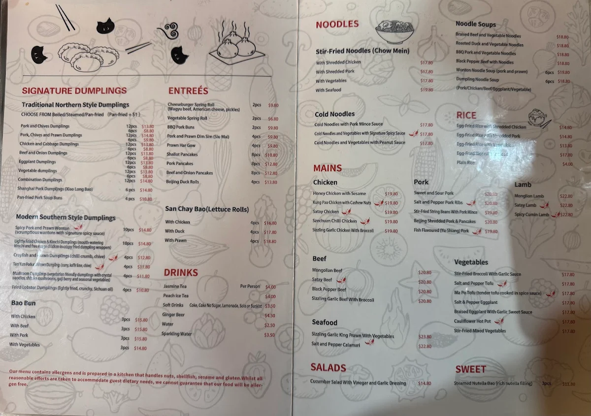 Menu, Dumpling King Canberra City