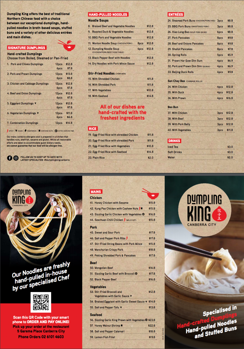 Menu, Dumpling King Canberra City