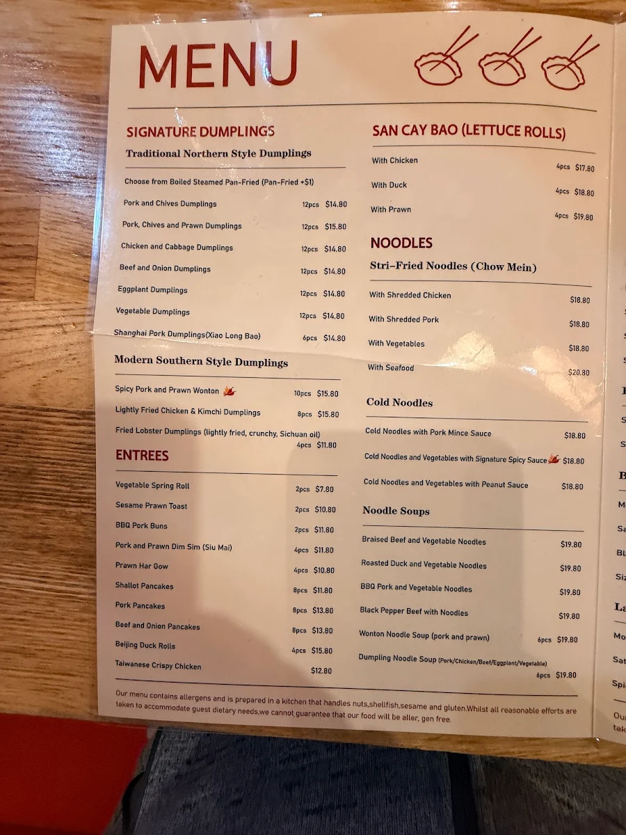 Menu, Dumpling King Canberra City