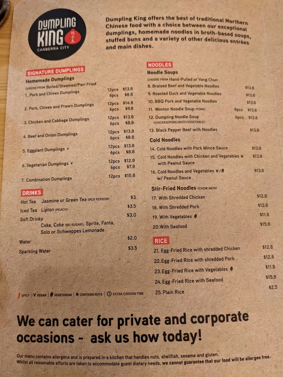 Menu, Dumpling King Canberra City