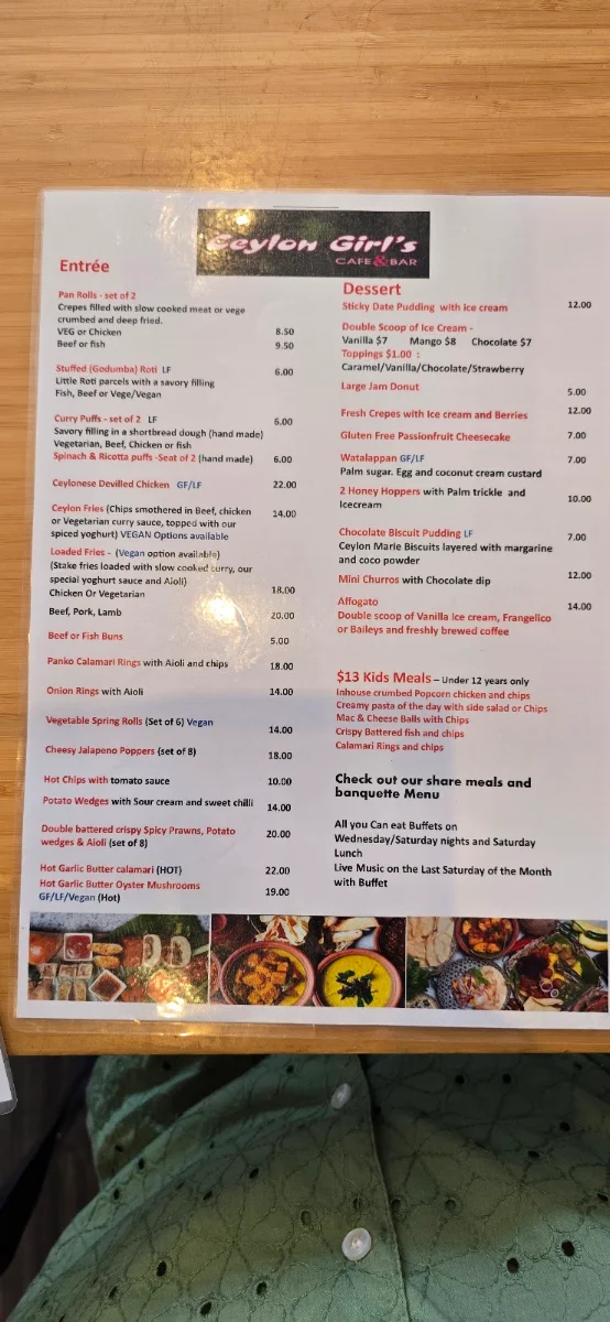 Menu, Ceylon Girl's