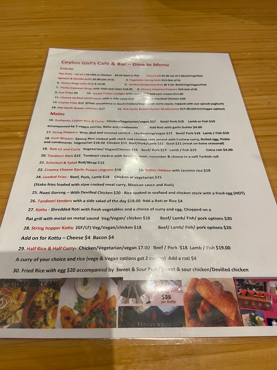 Menu, Ceylon Girl's